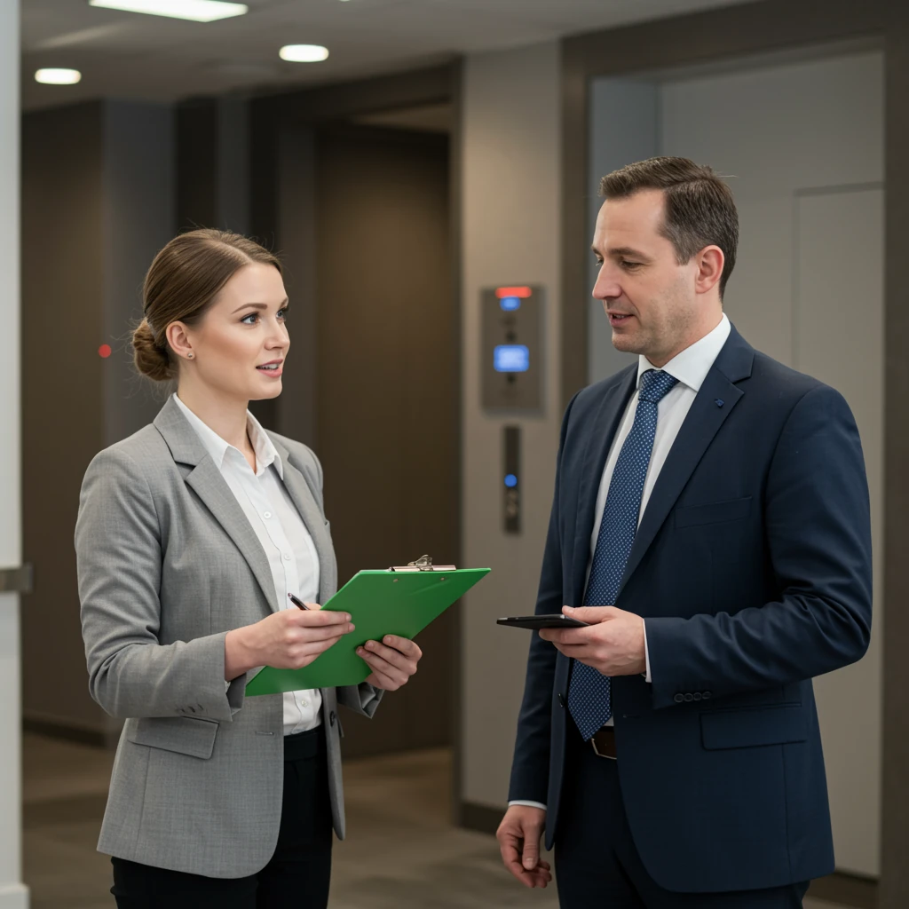 Professional man and woman discussing lift compliance in corporate building lobby.