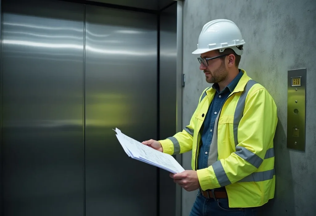 Engineer in high-visibility jacket reviewing building plans outside lift doors.