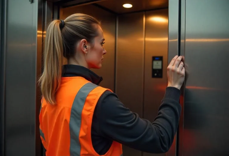 Woman in high-visibility vest inspecting lift control panel.