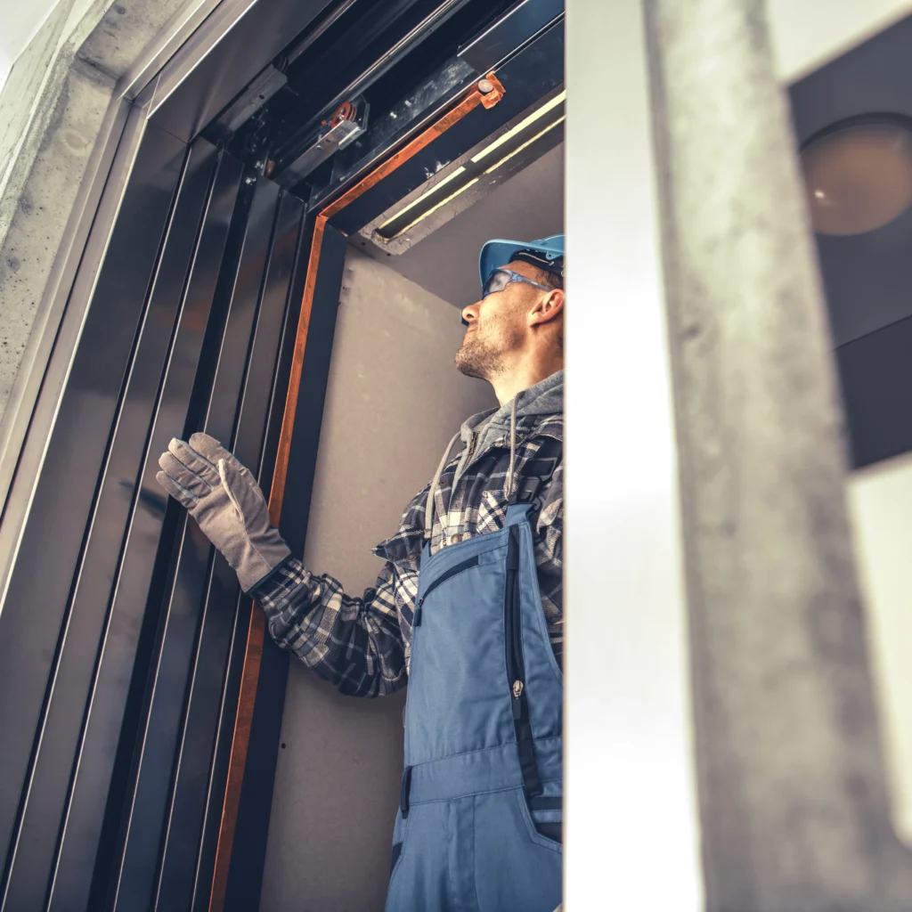 Technician in protective gear inspecting lift door mechanism.