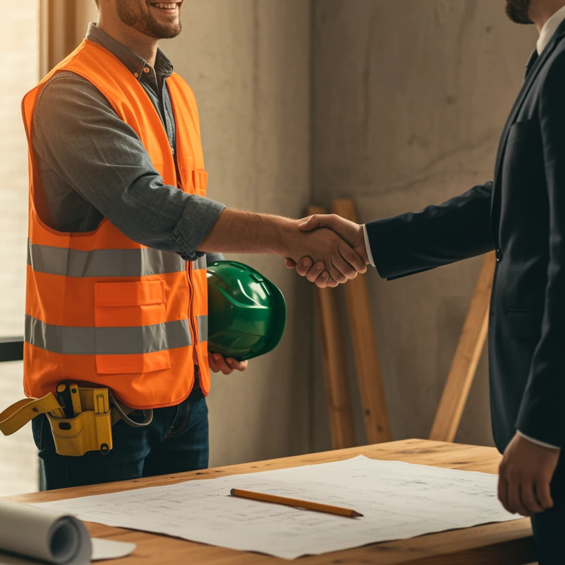 Engineer in safety vest shaking hands with consultant over lift project plans.