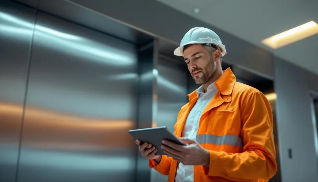 Male lift inspector using tablet in modern elevator lobby.