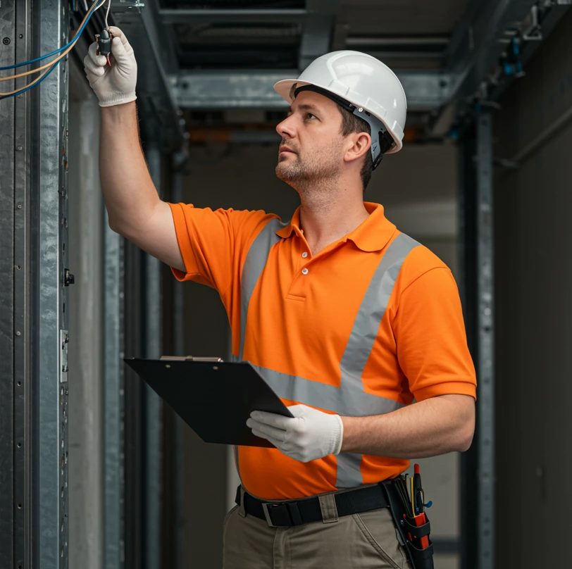 Elevator technician in high-visibility shirt inspecting wiring in lift shaft.