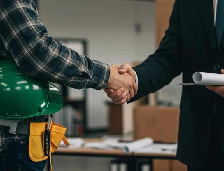 Builder and consultant shaking hands during lift project planning.